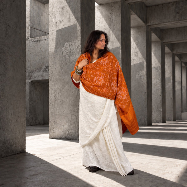 PURE WOOL SINGLE IKAT BURNT ORANGE PATOLA SHAWL WITH ZARI BORDERS