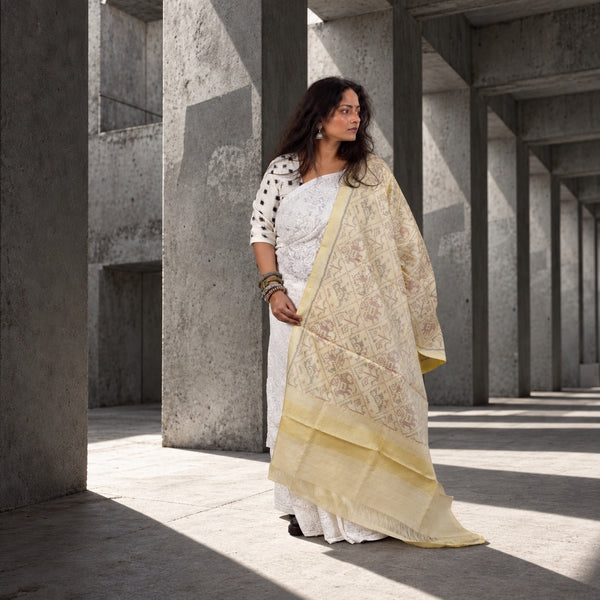 PURE WOOL SINGLE IKAT BISQUE CREAM PATOLA SHAWL WITH ZARI BORDERS