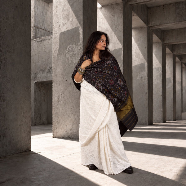 PURE WOOL SINGLE IKAT BLACK PATOLA SHAWL WITH ZARI BORDERS