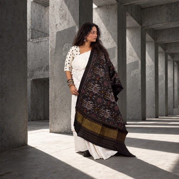 PURE WOOL SINGLE IKAT BLACK PATOLA SHAWL WITH ZARI BORDERS