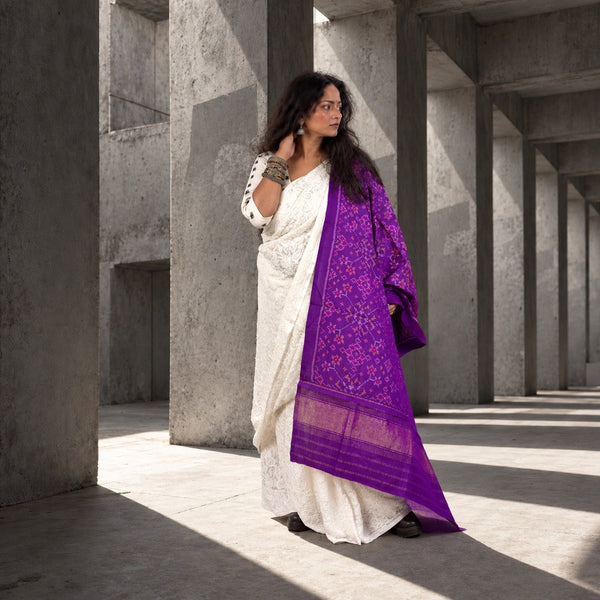 PURE WOOL SINGLE IKAT VIOLET PURPLE PATOLA SHAWL WITH ZARI BORDERS