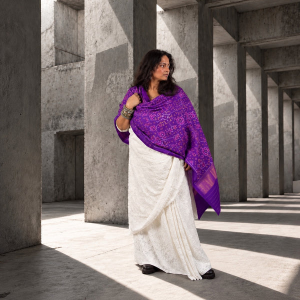 PURE WOOL SINGLE IKAT VIOLET PURPLE PATOLA SHAWL WITH ZARI BORDERS