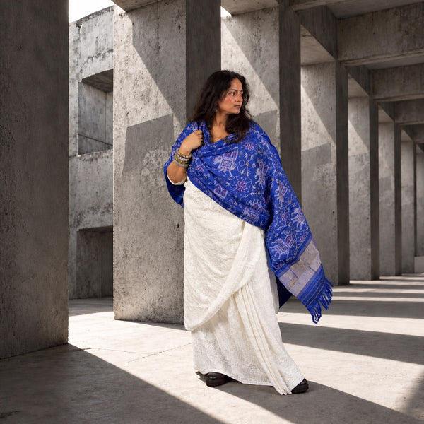PURE WOOL SINGLE IKAT INDIGO PATOLA SHAWL WITH ZARI BORDERS