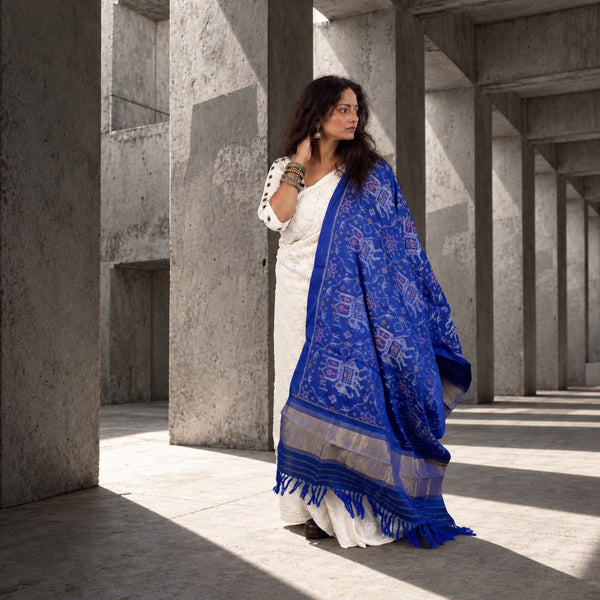 PURE WOOL SINGLE IKAT INDIGO PATOLA SHAWL WITH ZARI BORDERS