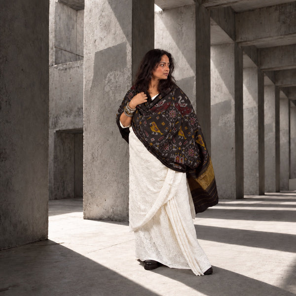 PURE WOOL SINGLE IKAT BLACK PATOLA SHAWL WITH ZARI BORDERS