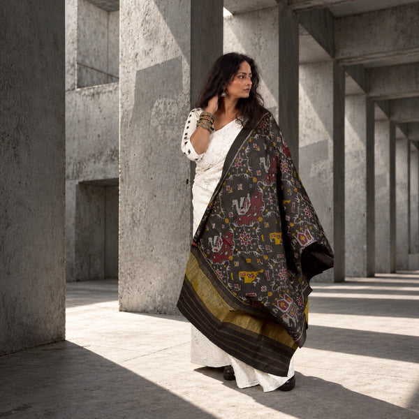 PURE WOOL SINGLE IKAT BLACK PATOLA SHAWL WITH ZARI BORDERS