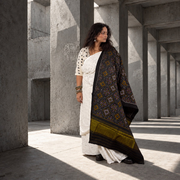 PURE WOOL SINGLE IKAT BLACK PATOLA SHAWL WITH ZARI BORDERS