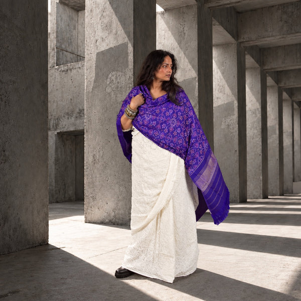 PURE WOOL SINGLE IKAT AMETHYST PURPLE PATOLA SHAWL WITH ZARI BORDERS