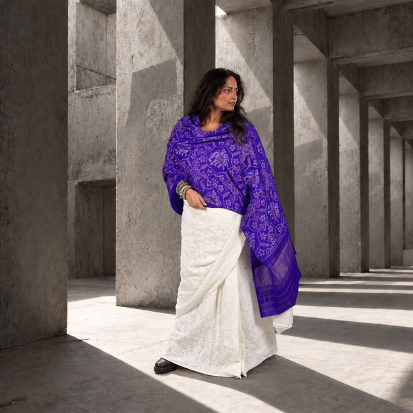 PURE WOOL SINGLE IKAT AMETHYST PURPLE PATOLA SHAWL WITH ZARI BORDERS