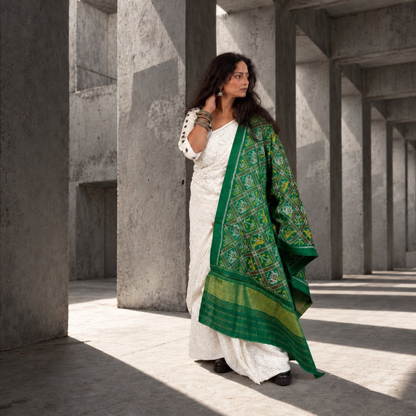 PURE WOOL SINGLE IKAT FOREST GREEN PATOLA SHAWL WITH ZARI BORDERS