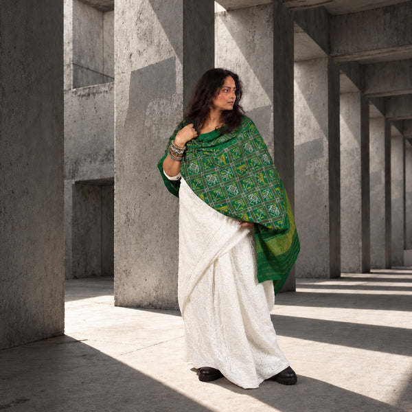 PURE WOOL SINGLE IKAT FOREST GREEN PATOLA SHAWL WITH ZARI BORDERS