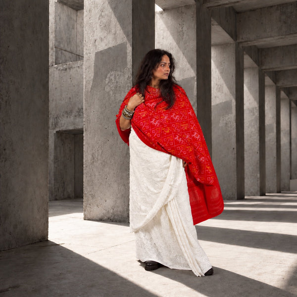 PURE WOOL SINGLE IKAT CINOBER RED PATOLA SHAWL WITH ZARI BORDERS