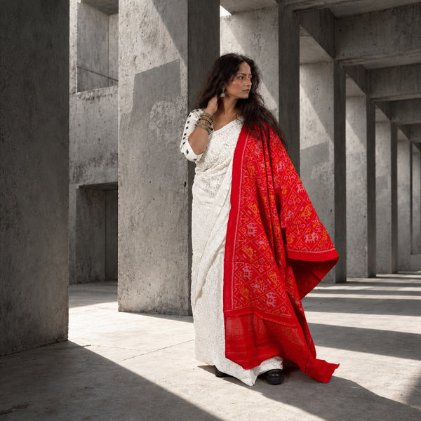 PURE WOOL SINGLE IKAT CINOBER RED PATOLA SHAWL WITH ZARI BORDERS