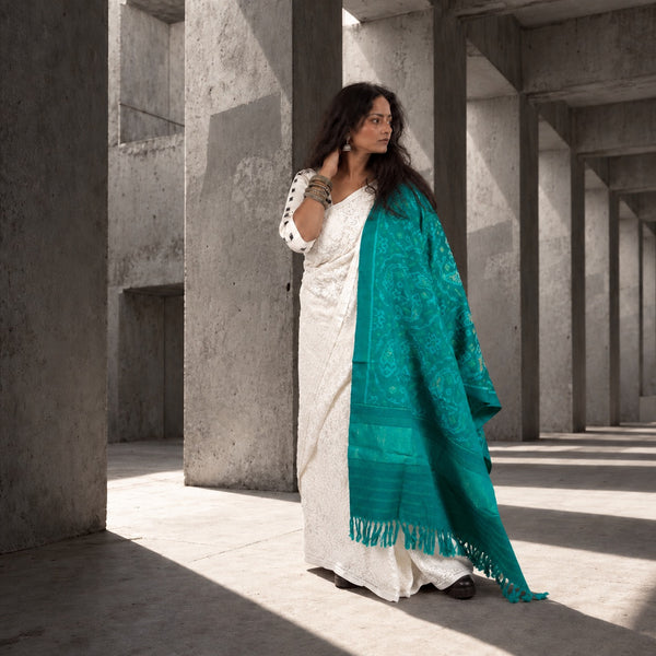 PURE WOOL SINGLE IKAT MARINE TEAL PATOLA SHAWL WITH ZARI BORDERS