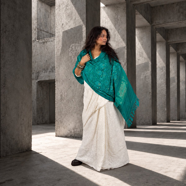 PURE WOOL SINGLE IKAT MARINE TEAL PATOLA SHAWL WITH ZARI BORDERS