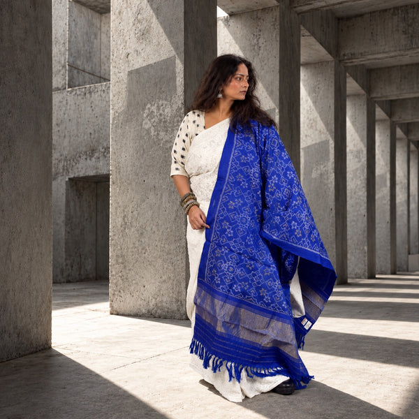 PURE WOOL SINGLE IKAT INDIGO PATOLA SHAWL WITH ZARI BORDERS
