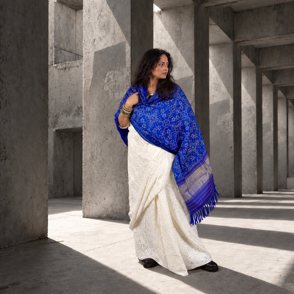 PURE WOOL SINGLE IKAT INDIGO PATOLA SHAWL WITH ZARI BORDERS