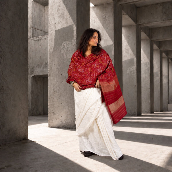 PURE WOOL SINGLE IKAT BLOOD RED PATOLA SHAWL WITH ZARI BORDERS