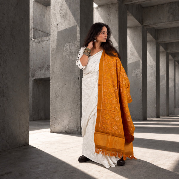 PURE WOOL SINGLE IKAT FIRE YELLOW PATOLA SHAWL WITH ZARI BORDERS