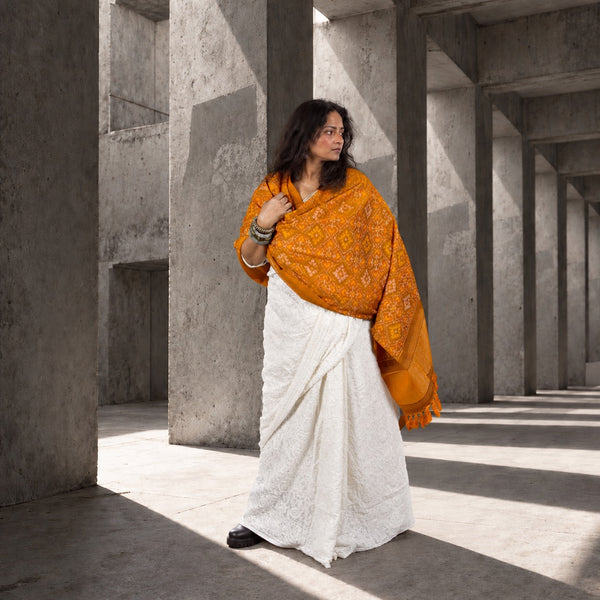 PURE WOOL SINGLE IKAT FIRE YELLOW PATOLA SHAWL WITH ZARI BORDERS