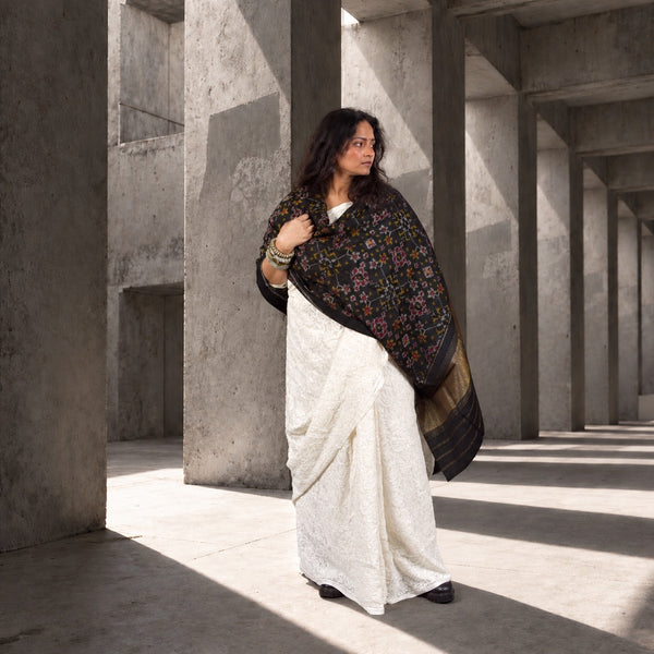 PURE WOOL SINGLE IKAT BLACK PATOLA SHAWL WITH ZARI BORDERS