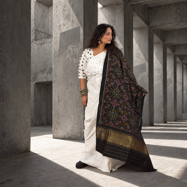 PURE WOOL SINGLE IKAT BLACK PATOLA SHAWL WITH ZARI BORDERS
