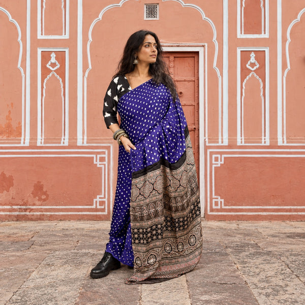 AJRAKH BANDHANI HANDBLOCK AMETHYST PURPLE - TAUPE MODAL SILK SAREE