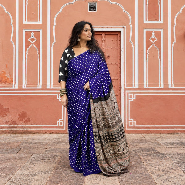 AJRAKH BANDHANI HANDBLOCK AMETHYST PURPLE - TAUPE MODAL SILK SAREE
