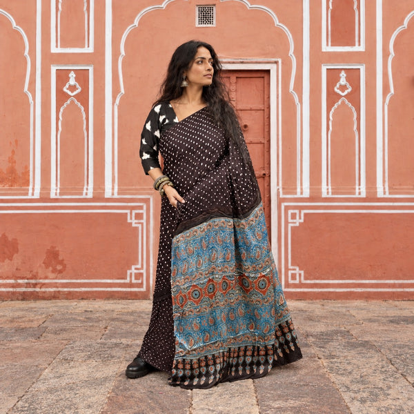 AJRAKH BANDHANI HANDBLOCK SPIDER BLACK - INDIGO MODAL SILK SAREE