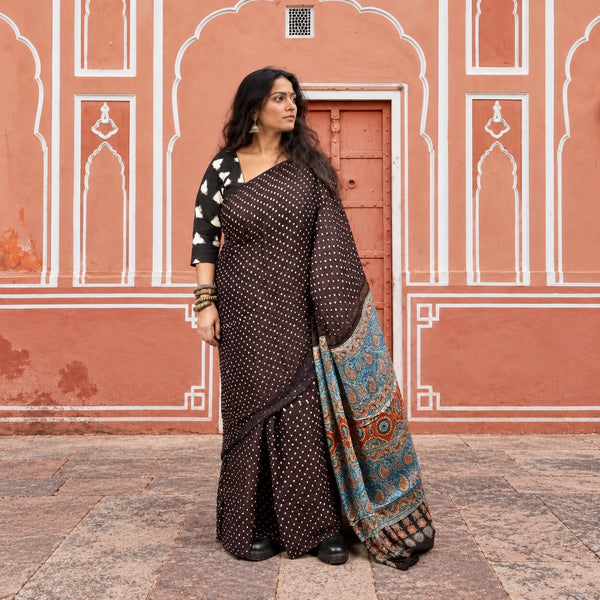 AJRAKH BANDHANI HANDBLOCK SPIDER BLACK - INDIGO MODAL SILK SAREE