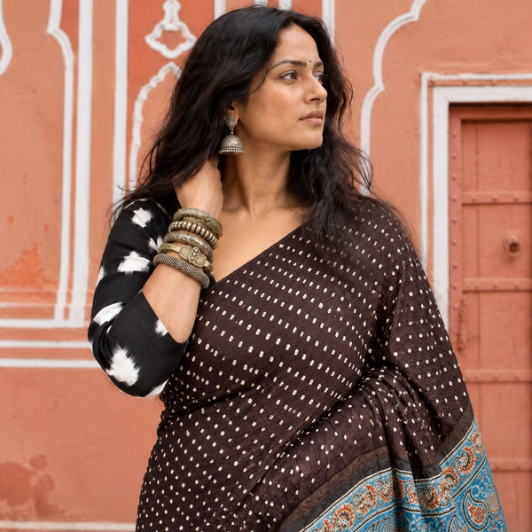 AJRAKH BANDHANI HANDBLOCK SPIDER BLACK - INDIGO MODAL SILK SAREE