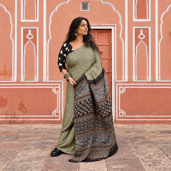 AJRAKH BANDHANI HANDBLOCK SAGE GREEN - BLACK MODAL SILK SAREE
