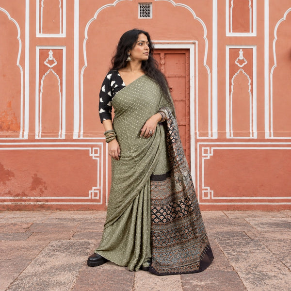 AJRAKH BANDHANI HANDBLOCK SAGE GREEN - BLACK MODAL SILK SAREE