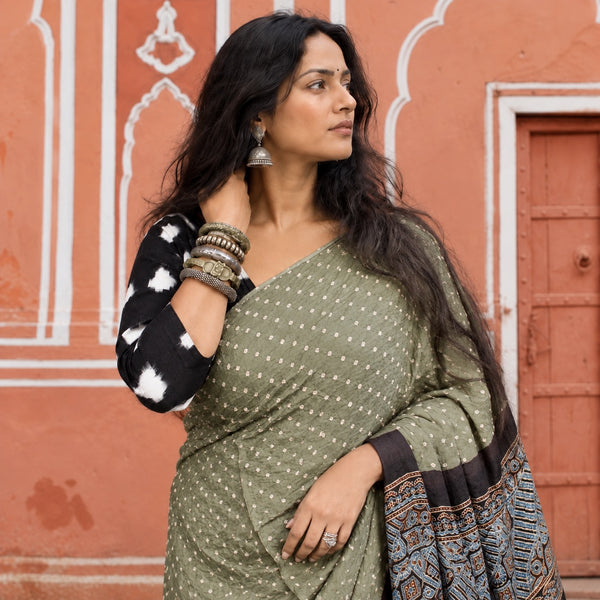 AJRAKH BANDHANI HANDBLOCK SAGE GREEN - BLACK MODAL SILK SAREE