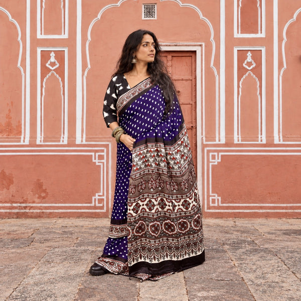AJRAKH BANDHANI HANDBLOCK INDIGO PURPLE - PEARL MODAL SILK SAREE