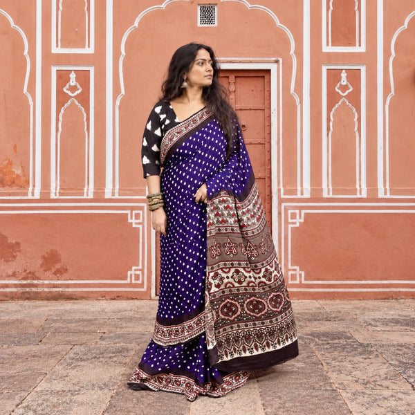 AJRAKH BANDHANI HANDBLOCK INDIGO PURPLE - PEARL MODAL SILK SAREE