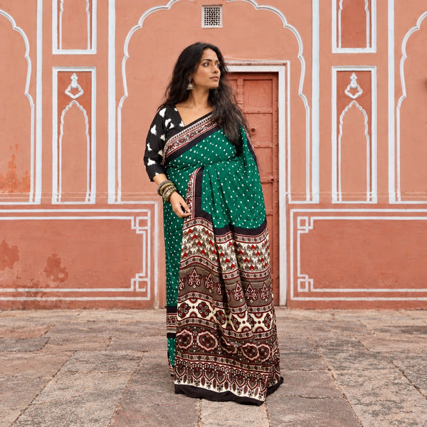 AJRAKH BANDHANI HANDBLOCK CASTLETON GREEN - PEARL MODAL SILK SAREE