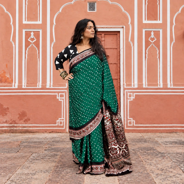 AJRAKH BANDHANI HANDBLOCK CASTLETON GREEN - PEARL MODAL SILK SAREE