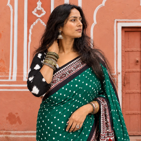 AJRAKH BANDHANI HANDBLOCK CASTLETON GREEN - PEARL MODAL SILK SAREE