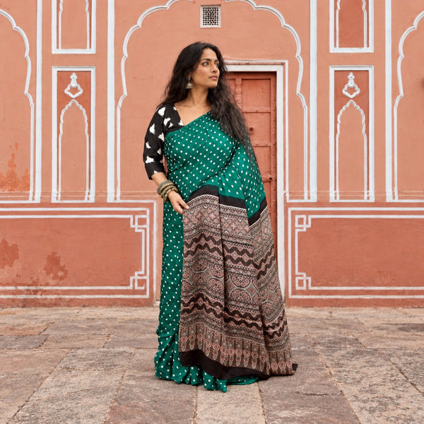 AJRAKH BANDHANI HANDBLOCK CASTLETON GREEN - TAUPE MODAL SILK SAREE