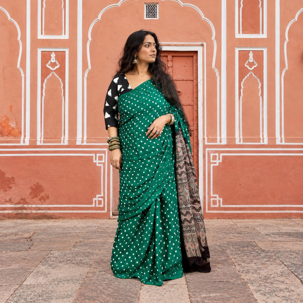 AJRAKH BANDHANI HANDBLOCK CASTLETON GREEN - TAUPE MODAL SILK SAREE