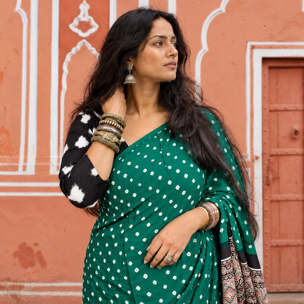 AJRAKH BANDHANI HANDBLOCK CASTLETON GREEN - TAUPE MODAL SILK SAREE