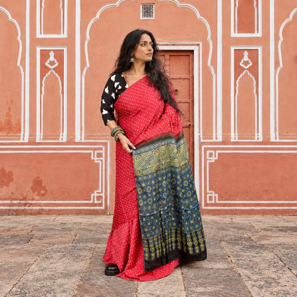 AJRAKH BANDHANI HANDBLOCK CERISE PINK-INDIGO MODAL SILK SAREE