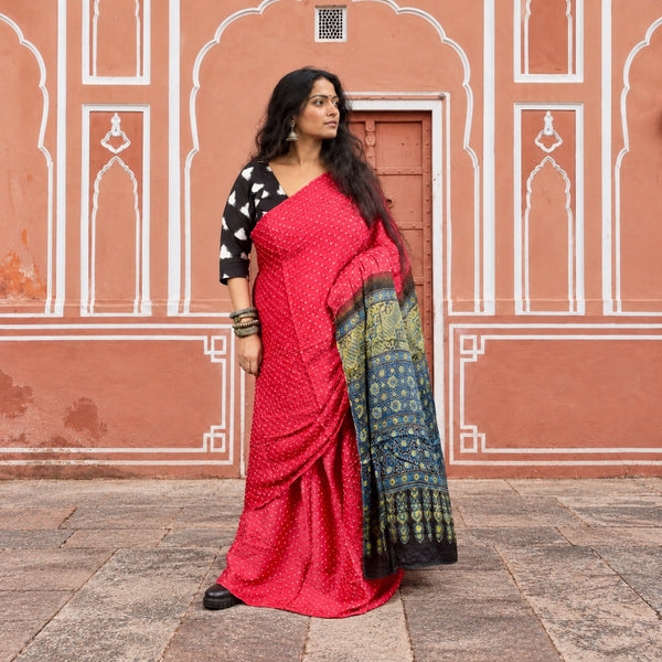 AJRAKH BANDHANI HANDBLOCK CERISE PINK-INDIGO MODAL SILK SAREE