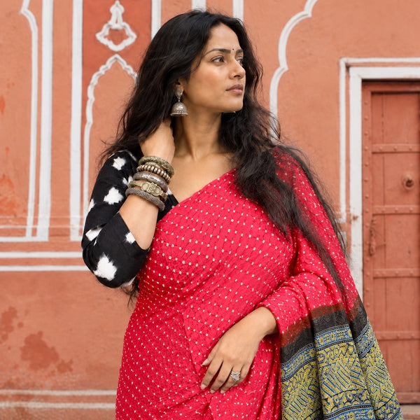 AJRAKH BANDHANI HANDBLOCK CERISE PINK-INDIGO MODAL SILK SAREE