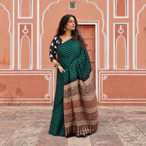 AJRAKH BANDHANI HANDBLOCK SACRAMENTO GREEN - BROWN MODAL SILK SAREE