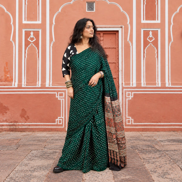 AJRAKH BANDHANI HANDBLOCK SACRAMENTO GREEN - BROWN MODAL SILK SAREE