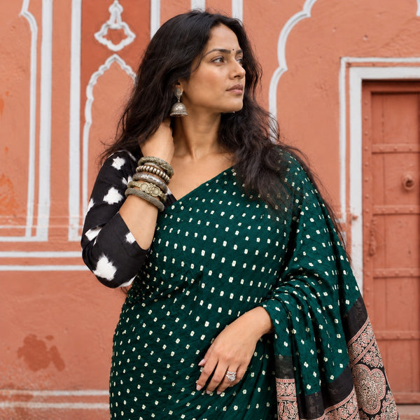 AJRAKH BANDHANI HANDBLOCK SACRAMENTO GREEN - BROWN MODAL SILK SAREE