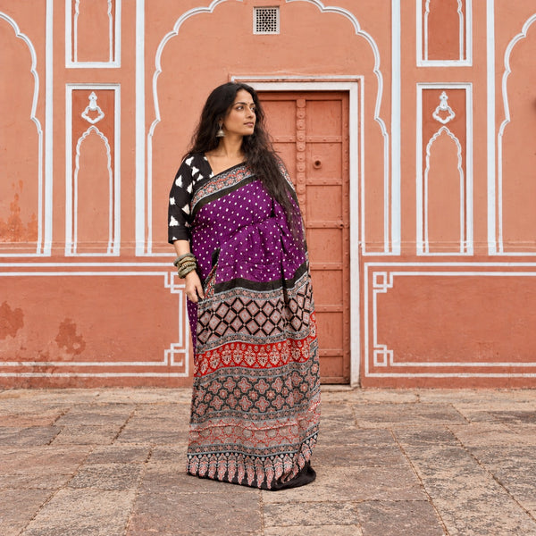 AJRAKH BANDHANI HANDBLOCK IRIS PURPLE - BLACK MODAL SILK SAREE