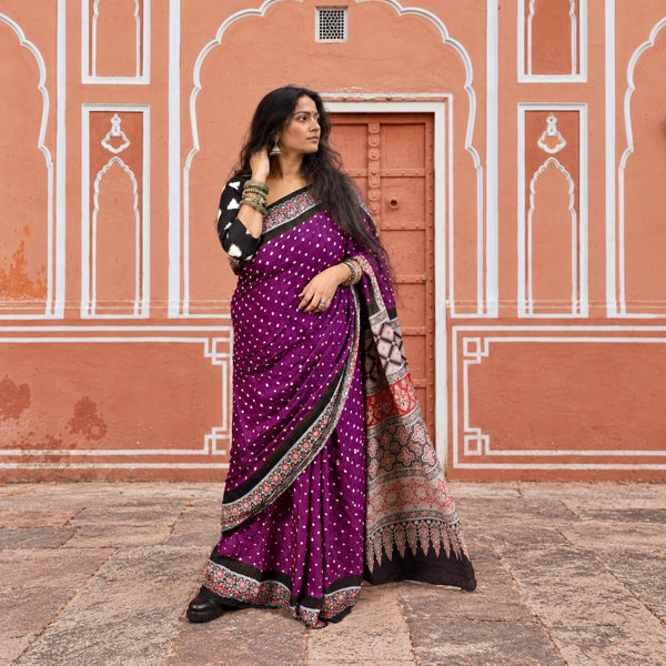 AJRAKH BANDHANI HANDBLOCK IRIS PURPLE - BLACK MODAL SILK SAREE